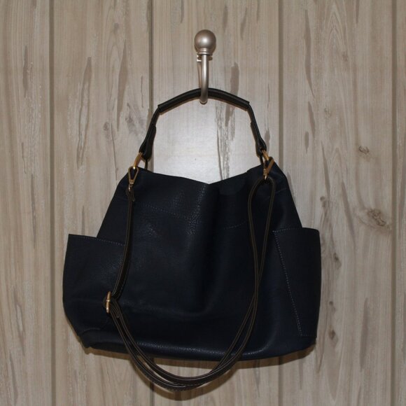 Women Dark Blue Bucket Bag 2 Straps Over Shoulder + Briefcase Handle Style - Picture 14 of 15